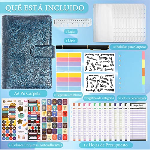 Carpeta de Cuaderno 6 Anillas, Bolsas de Carpeta A6, Hojas de Presupuesto, Cubierta de Hojas Sueltas de Cuero de PU para Organizar Documentos,Clasificador de presupuesto,Guardar Tarjetas Facturas