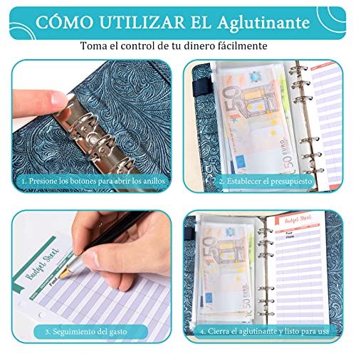 Carpeta de Cuaderno 6 Anillas, Bolsas de Carpeta A6, Hojas de Presupuesto, Cubierta de Hojas Sueltas de Cuero de PU para Organizar Documentos,Clasificador de presupuesto,Guardar Tarjetas Facturas