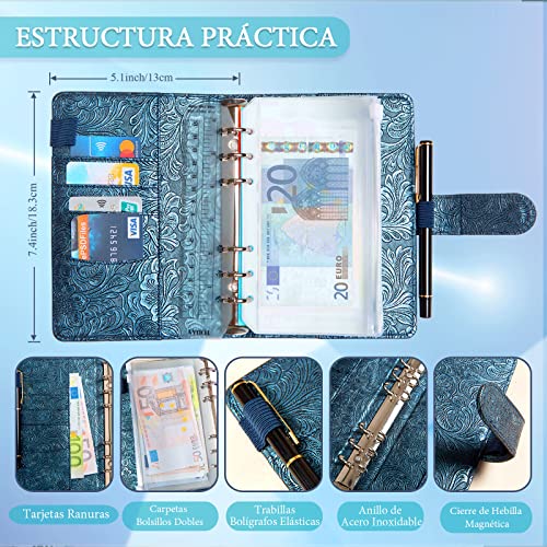 Carpeta de Cuaderno 6 Anillas, Bolsas de Carpeta A6, Hojas de Presupuesto, Cubierta de Hojas Sueltas de Cuero de PU para Organizar Documentos,Clasificador de presupuesto,Guardar Tarjetas Facturas