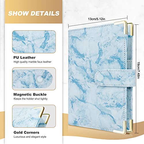 Carpeta de Cuaderno A6, TAOPE 26pcs Cubierta de Hojas Sueltas de Cuero de PU con 12 bolsas de transparente con cremallera, Clasificador de presupuesto para Guardar Tarjetas Foto Facturas - Mármol Azul