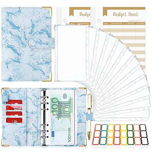 Carpeta de Cuaderno A6, TAOPE 26pcs Cubierta de Hojas Sueltas de Cuero de PU con 12 bolsas de transparente con cremallera, Clasificador de presupuesto para Guardar Tarjetas Foto Facturas - Mármol Azul