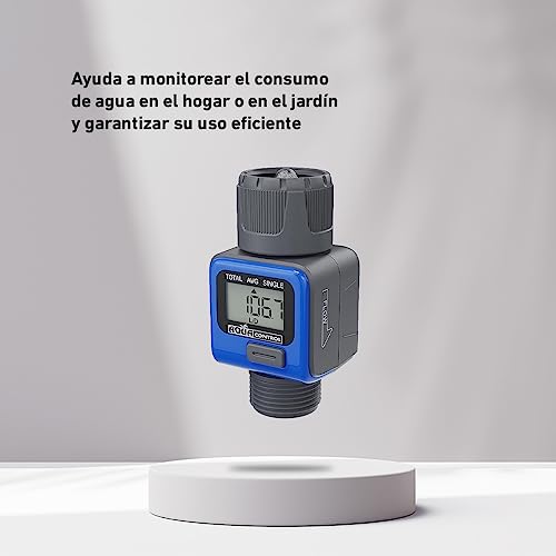 Caudalímetro digital para grifo o manguera. Rosca 3/4" Mide lo que gastas y ahorra agua cuando riegues tus plantas. Con varias funciones. Pila de botón incluida.