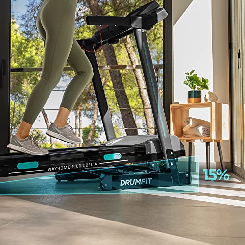 Cecotec Cinta de Correr Plegable DrumFit WayHome 1600 Obelia Ultraflex. 1500 W, Inclinación Motorizada, Superficie de 130x42 cm, Sistema de Amortiguación UltraFlex System, Pantalla LCD, Negro