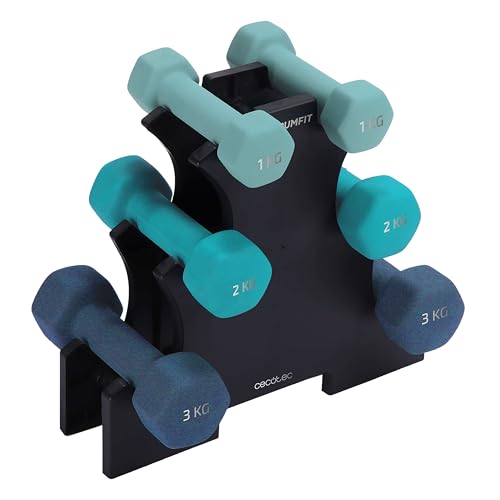 Cecotec Set de 6 Mancuernas Hexagonales Sweatproof de 1, 2 y 3Kg DrumFit Dumbbell 123 Neoprene Set. Recubrimiento de Neopreno de Alta Adherencia, Todo Tipo de Usuarios, Soporte Incluido