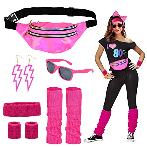 CHMMY Accesorios Mujer de Ropa Años 80 Disfraz, Riñonera Diadema Calentadores de Pierna Muñequeras Pendientes y Gafas de Sol para Años 80 Accesorios de Disfraces Fiestas Neon Rosa