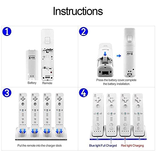 CICMOD Base de Carga 4 Baterías Recargables para Wii Control Remoto Capacidad 2800mAh, Blanco