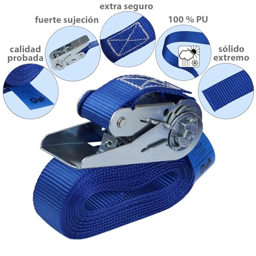 Cinchas de amarre correa para trinquete 4 m o 6 m paquete de 4 tensor de carraca cinchas azul, 25 mm de ancho - resistente a 800 kg DIN EN 12195-2, 4 piezas 2.5 cm x 4 m