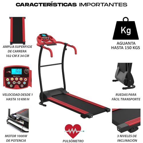 Cinta de Andar Plegable Motor eléctrico de 1000W Reforzada Aguanta 150 KGS - Inclinación Regulable - Pulsómetro