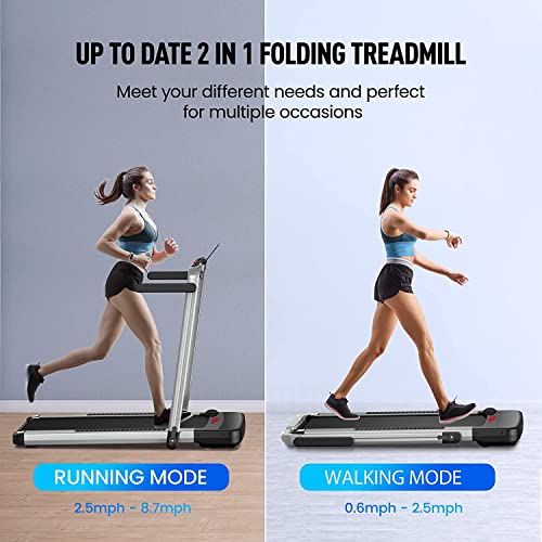 Cinta de Correr Plegable 2 en 1,FLYLINKTECH Home Cinta de Andar Silencioso con Bluetooth, hasta 14 km/h, 40 * 100cm cinturón para Correr, 12 Modos de Ejercicio, Pantalla táctil LCD (Blanco Plateado)