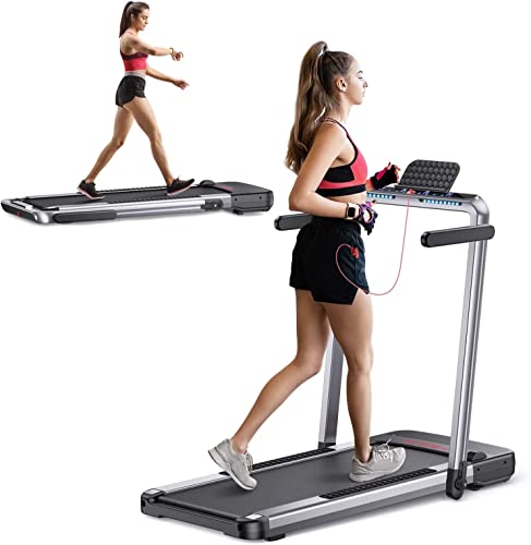 Cinta de Correr Plegable 2 en 1,FLYLINKTECH Home Cinta de Andar Silencioso con Bluetooth, hasta 14 km/h, 40 * 100cm cinturón para Correr, 12 Modos de Ejercicio, Pantalla táctil LCD (Blanco Plateado)