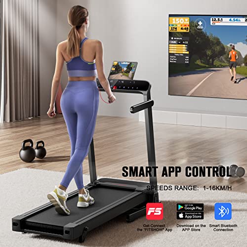 Cinta de Correr Plegable 3 Niveles de Inclinación, Peso Máx 180 kg, Hasta 16 km/h, Bluetooth APP, FLYLINKTECH Home LCD, 43*110 cm Cinturón Silencioso, 12 Modos de Ejercicio