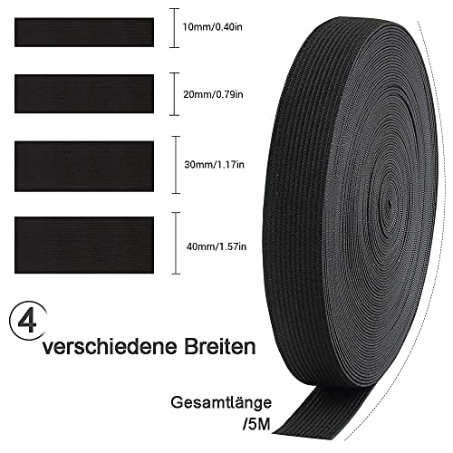 Cinta elástica de 5 m, 4 unidades de costura, cinta elástica de goma, 10 mm, 20 mm, 30 mm, 40 mm de ancho, para goma de pantalones, manualidades, costura, color negro