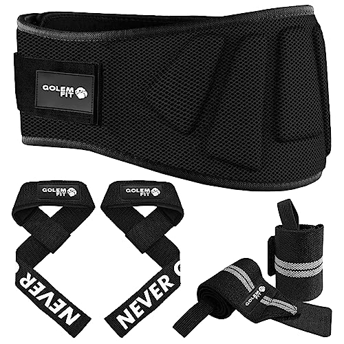 Cinturon Lumbar Gimnasio Que Incluye Straps Y Muñequeras Gym - Cinturon gym, Levantamiento De Pesas, Accesorios Para Gym, Cinturon Powerlifting, Crossfit, Fitness Para Hombre Y Mujer (M)