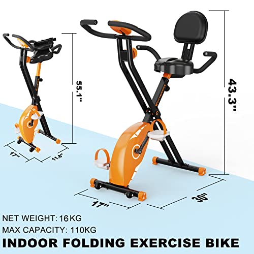 CITYSPORTS Bicicleta Estática Plegable con Respaldo, Bicicleta para Ejercicios Profesional con 8 Niveles de Resistencia, Monitor de Pantalla LCD con Sensor de Frecuencia Cardíaca, D1-1 (‎CS01)