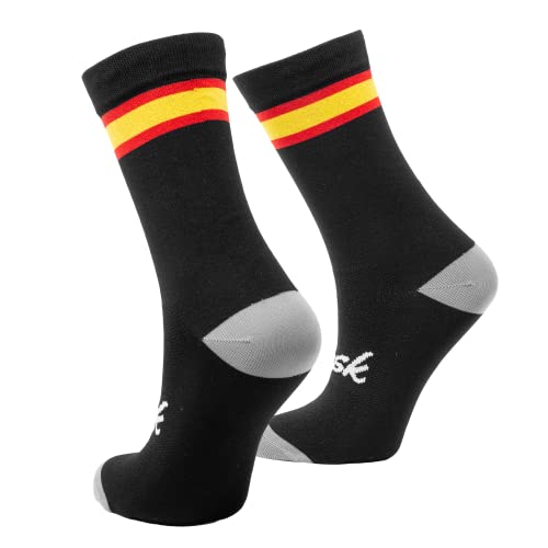 Clask Calcetines de ciclismo con bandera de España y caña alta | Transpirables, largos, buena compresión y termorreguladores | Ideales para ciclismo, MTB, Spining y Crossfit (41-45, Negro)