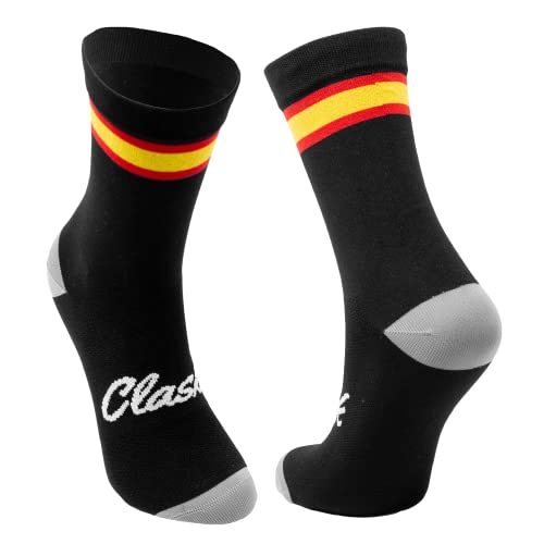 Clask Calcetines de ciclismo con bandera de España y caña alta | Transpirables, largos, buena compresión y termorreguladores | Ideales para ciclismo, MTB, Spining y Crossfit (41-45, Negro)