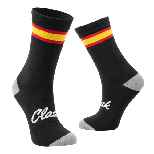 Clask Calcetines de ciclismo con bandera de España y caña alta | Transpirables, largos, buena compresión y termorreguladores | Ideales para ciclismo, MTB, Spining y Crossfit (41-45, Negro)