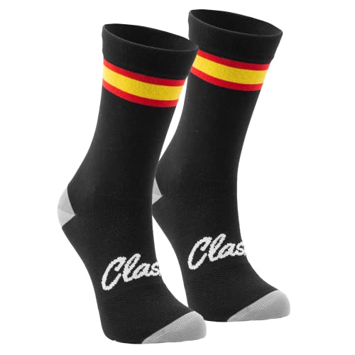 Clask Calcetines de ciclismo con bandera de España y caña alta | Transpirables, largos, buena compresión y termorreguladores | Ideales para ciclismo, MTB, Spining y Crossfit (41-45, Negro)