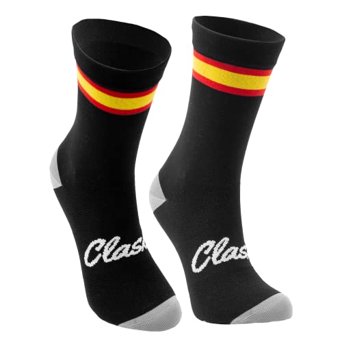 Clask Calcetines de ciclismo con bandera de España y caña alta | Transpirables, largos, buena compresión y termorreguladores | Ideales para ciclismo, MTB, Spining y Crossfit (41-45, Negro)