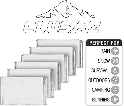 CLUSAZ 6 Manta Termica Supervivencia XL, Emergencia Mylar Manta, Botiquin Manta para Coche, Camping, Montaña Senderismo, Mochila, Fria, Aislante Primeros Auxilios, Kit Supervivencia