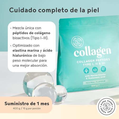 Colágeno con Ácido Hialurónico Sin sabor - Péptidos Hidrolizado de Colágeno de tipo I, II, III - con Elastina Marina Hidrolizada en polvo para Músculos y Articulaciones - 400 gr Alpha Foods