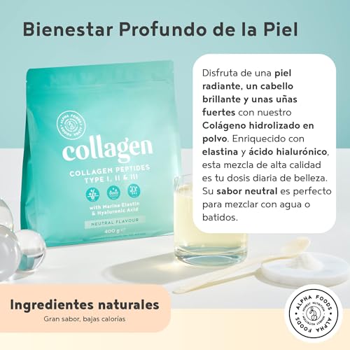 Colágeno con Ácido Hialurónico Sin sabor - Péptidos Hidrolizado de Colágeno de tipo I, II, III - con Elastina Marina Hidrolizada en polvo para Músculos y Articulaciones - 400 gr Alpha Foods