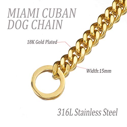 Collar de Perro de Oro de 18 Quilates, Cadena de Perro Cubano, Resistente para Perros Grandes, Fuerte Acero Inoxidable, eslabones de Metal de Acero Inoxidable y Cadena de Entrenamiento