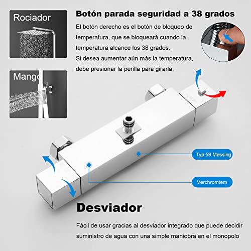 Columna Termostática YOOZENA,Conjunto de ducha con Grifo Ducha Lluvia 25x25cm, Alcachofa de Ducha con Manguera,Regulable en acero inoxidable Cromado Cuadrada, plateado