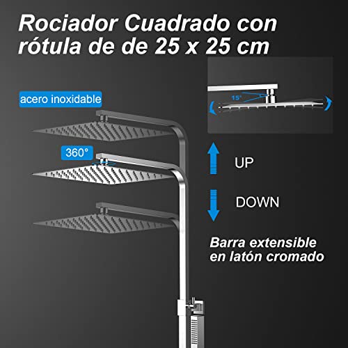 Columna Termostática YOOZENA,Conjunto de ducha con Grifo Ducha Lluvia 25x25cm, Alcachofa de Ducha con Manguera,Regulable en acero inoxidable Cromado Cuadrada, plateado