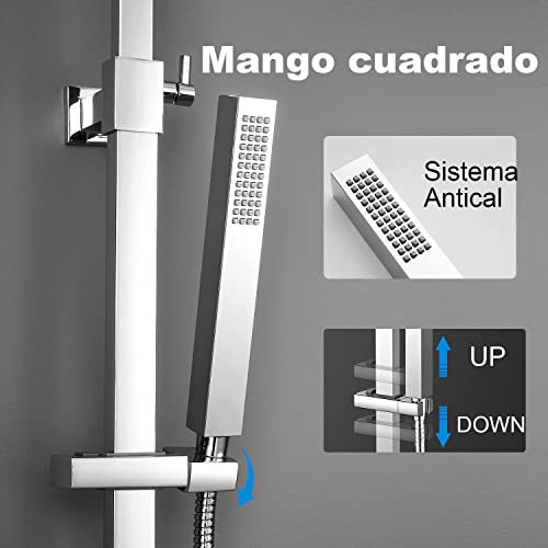 Columna Termostática YOOZENA,Conjunto de ducha con Grifo Ducha Lluvia 25x25cm, Alcachofa de Ducha con Manguera,Regulable en acero inoxidable Cromado Cuadrada, plateado