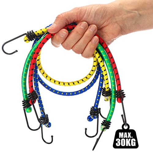 COM-FOUR® Juego de Correas elásticas de 10 Piezas - Correas de Equipaje en Cuatro tamaños - Extensor con Gancho - Correas elásticas para asegurar la Carga - cinturón de tensión