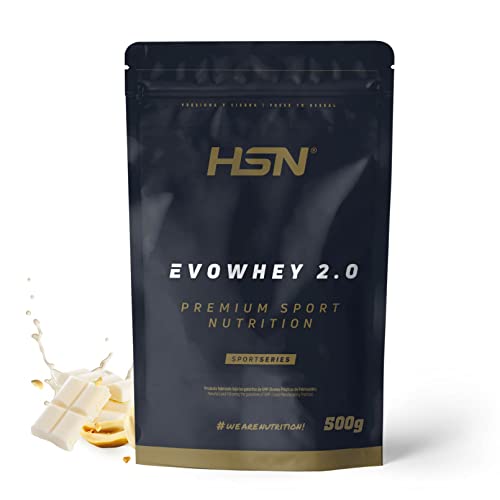 Concentrado de Proteína de Suero de HSN Evowhey Protein 2.0 | Sabor Chocolate Blanco y Cacahuete 500 g = 17 Tomas por Envase | Whey Protein Concentrate | No-GMO, Vegetariano, Sin Gluten ni Soja