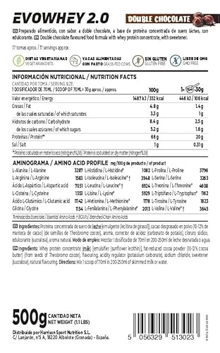 Concentrado de Proteína de Suero de HSN Evowhey Protein 2.0 | Sabor Doble Chocolate 500 g = 17 Tomas por Envase | Whey Protein Concentrate | No-GMO, Vegetariano, Sin Gluten ni Soja