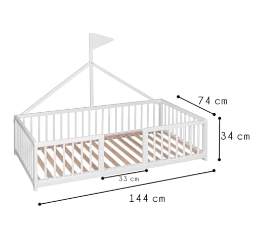 COOL · DREAMS - Cama Infantil Tipi 140x70 Tipo Montessori Apache Wonderland de Madera de Haya y Color Blanco + colchón Morfeo + Protector colchón