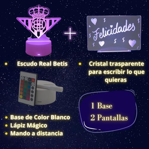 Cool&Cute Lámpara led mesita de Noche Real Betis-2 pantallas a precio de 1: Escudo Betis + Pantalla lisa para escribir o dibujar-lápiz-16 colores de luz-portátil-mando a distancia-cargador