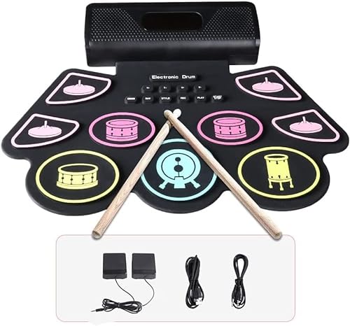 Coolmusic Tambor Electrónico Portátil E-Drum, Kit de Batería Midi Enrollable 2000mAh Recargable 9 pads 2 pedales con altavoces duales incorporados