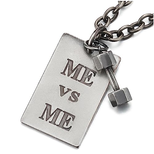 COOLSTEELANDBEYOND Vintage Barra con Pesas Pesa de Gimnasia Dog Tag Colgante Collar con Me Vs Me, Hombre Mujer, 61CM Cadena Cuerda