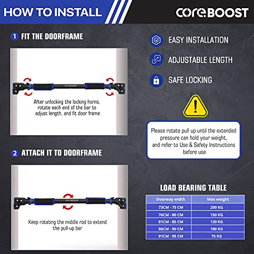 CoreBoost,Barra de dominada para puerta,con cuerda de saltar gratis, sin tornillos, ajustable y fácil instalación, fitness en casa, equipo de entrenamiento de fuerza de 72-97 cm