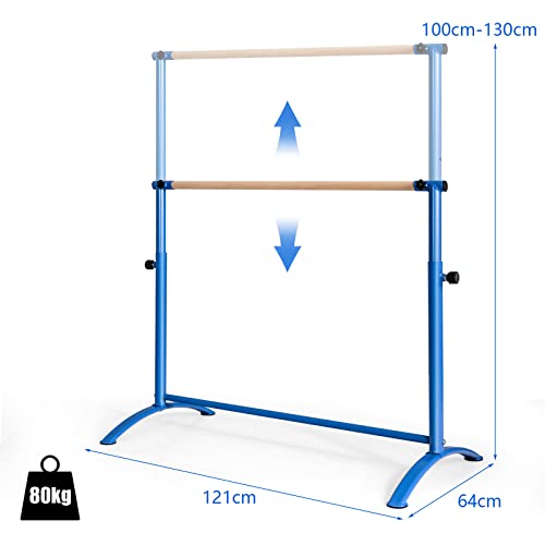 COSTWAY 130 cm Barra de Ballet, Barra de Baile con 4 Alturas Regulables, Barra de Madera de Haya, Almohadillas Antideslizantes, Barra de Fitness y Elongación para Casa Sala de Baile (Azul)