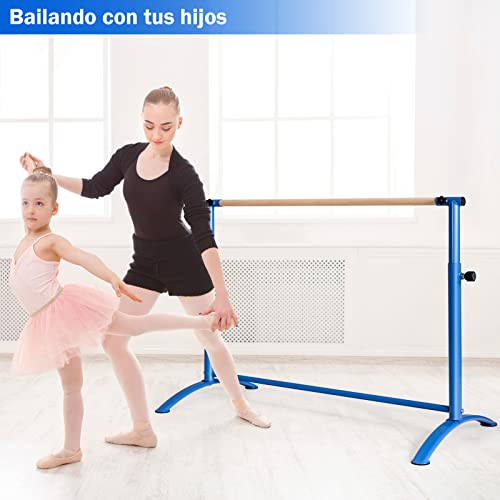 COSTWAY 130 cm Barra de Ballet, Barra de Baile con 4 Alturas Regulables, Barra de Madera de Haya, Almohadillas Antideslizantes, Barra de Fitness y Elongación para Casa Sala de Baile (Azul)