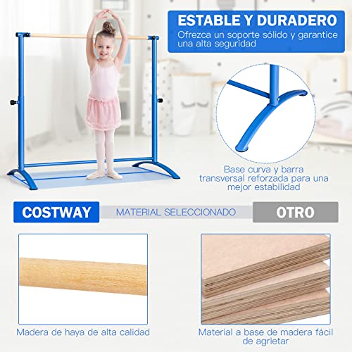 COSTWAY 130 cm Barra de Ballet, Barra de Baile con 4 Alturas Regulables, Barra de Madera de Haya, Almohadillas Antideslizantes, Barra de Fitness y Elongación para Casa Sala de Baile (Azul)