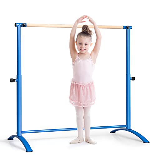 COSTWAY 130 cm Barra de Ballet, Barra de Baile con 4 Alturas Regulables, Barra de Madera de Haya, Almohadillas Antideslizantes, Barra de Fitness y Elongación para Casa Sala de Baile (Azul)