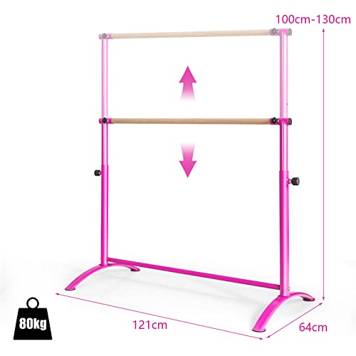 COSTWAY 130 cm Barra de Ballet, Barra de Baile con 4 Alturas Regulables, Barra de Madera de Haya, Almohadillas Antideslizantes, Barra de Fitness y Elongación para Casa Sala de Baile (Rosa)