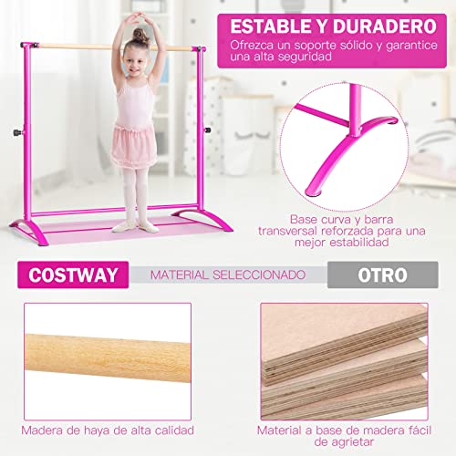 COSTWAY 130 cm Barra de Ballet, Barra de Baile con 4 Alturas Regulables, Barra de Madera de Haya, Almohadillas Antideslizantes, Barra de Fitness y Elongación para Casa Sala de Baile (Rosa)