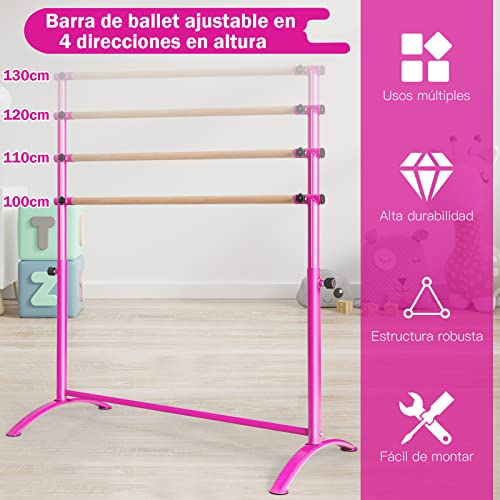 COSTWAY 130 cm Barra de Ballet, Barra de Baile con 4 Alturas Regulables, Barra de Madera de Haya, Almohadillas Antideslizantes, Barra de Fitness y Elongación para Casa Sala de Baile (Azul)