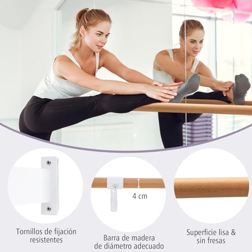 COSTWAY Barra de Ballet de Pared, Barra de Baile Individual de 120 cm, Altura Fija para Yoga, Estiramiento, Entrenamiento,Hogar, Gimnasio, Estudio, Niños y Adultos (Blanco)