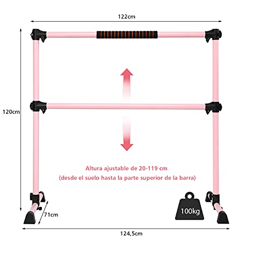 COSTWAY Barra de Ballet Independiente Móvil Altura Regulable Barra de Estiramiento Desmontable Barra de Ballet de Hierro Carga hasta 50 kg (Rosa)