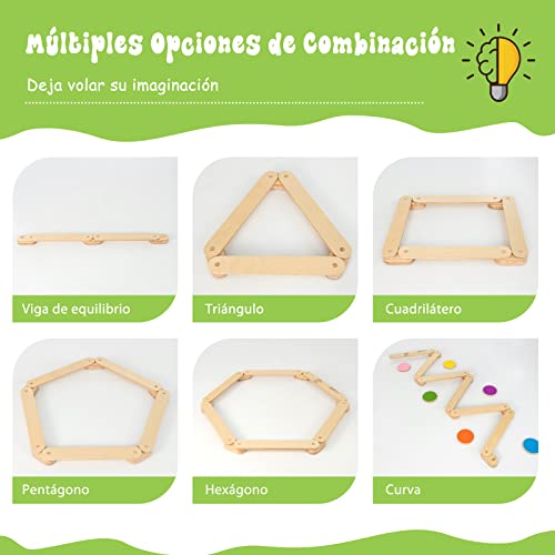 COSTWAY Barra de Equilibrio de Madera y Piedrecita, Carrera de Obstáculos de Gimnasia para Niños de 12 Piezas, Juguete Montessori de Madera para Interior/Exterior, Regalo para Niños de 3 a 7 Años