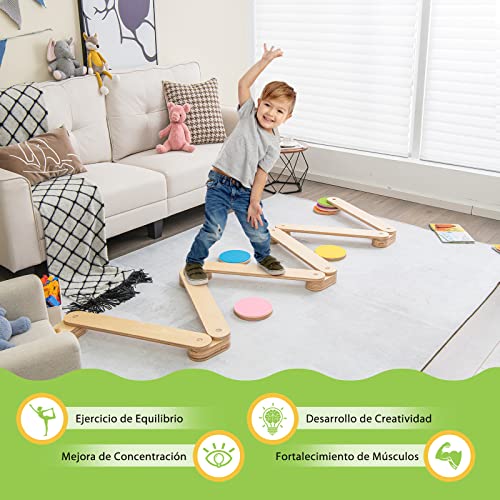 COSTWAY Barra de Equilibrio de Madera y Piedrecita, Carrera de Obstáculos de Gimnasia para Niños de 12 Piezas, Juguete Montessori de Madera para Interior/Exterior, Regalo para Niños de 3 a 7 Años