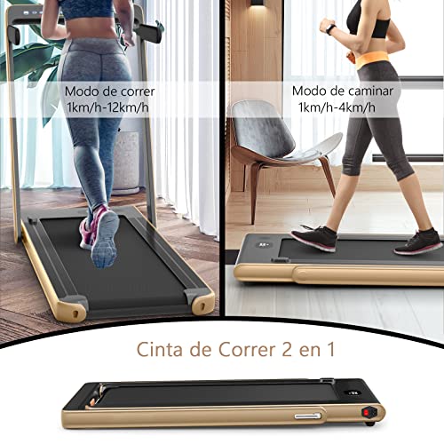 COSTWAY Cinta de Correr Plegable 2 en 1, 12KM/H, Cinta de Andar con Control Remoto, Superficie 100x40cm, Doble Pantalla LED, App Control, Soporte para Teléfono y Altavoz (champán)